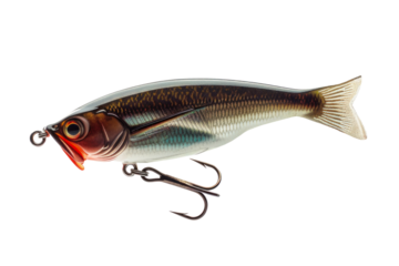 A lure for catching fish, meticulously crafted and rendered in a photorealistic style, sits isolated against a pristine white background.