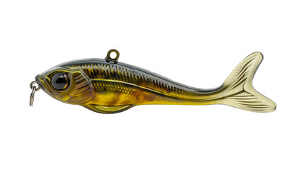 A close-up, side view of a realistic silicone fishing lure, mimicking a small fish. The lure, with a shiny, smooth surface, is isolated against a white background.