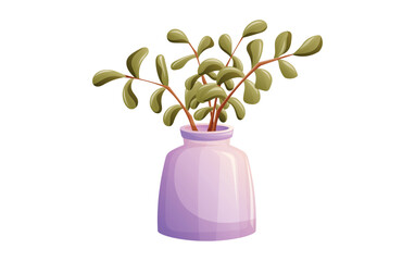 Decorative beautiful glass pink vase with branches with green leaves. Vector isolated cartoon illustration, interior decor element.