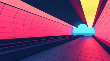 Obraz premium Futuristic tunnel with vibrant geometric patterns and bold colors, illustrating modern, abstract design with a dynamic atmosphere.