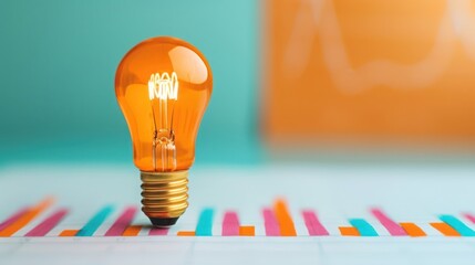 Orange light bulb on a colorful bar graph, representing creativity, innovation, and data analysis on a turquoise background.