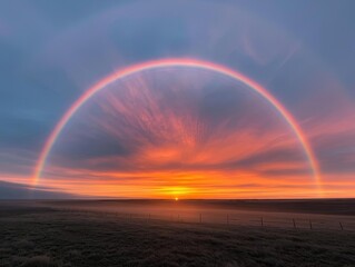 Stunning sunset with a vibrant rainbow arching over a calm landscape, displaying beautiful colors and serene ambiance.