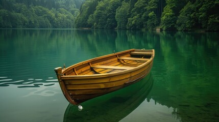 Fototapeta premium Calm green lake featuring a wooden rowing boat, surrounded by nature's beauty and still waters -