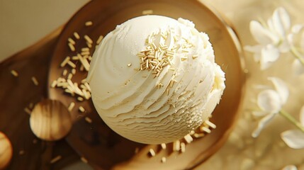Close-up of a delicious vanilla ice cream scoop with sprinkles on a wooden dish, captured in warm natural light.