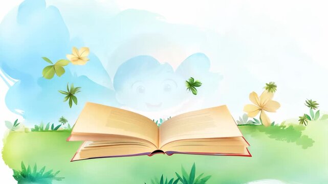 Adorable video of a happy child reading a book in a serene outdoor setting with mountains in the background. Perfect for back-to-school themes, highlighting the joy of learning