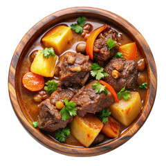Beef oxtail stew on wooden bowl top view isolated on transparent background