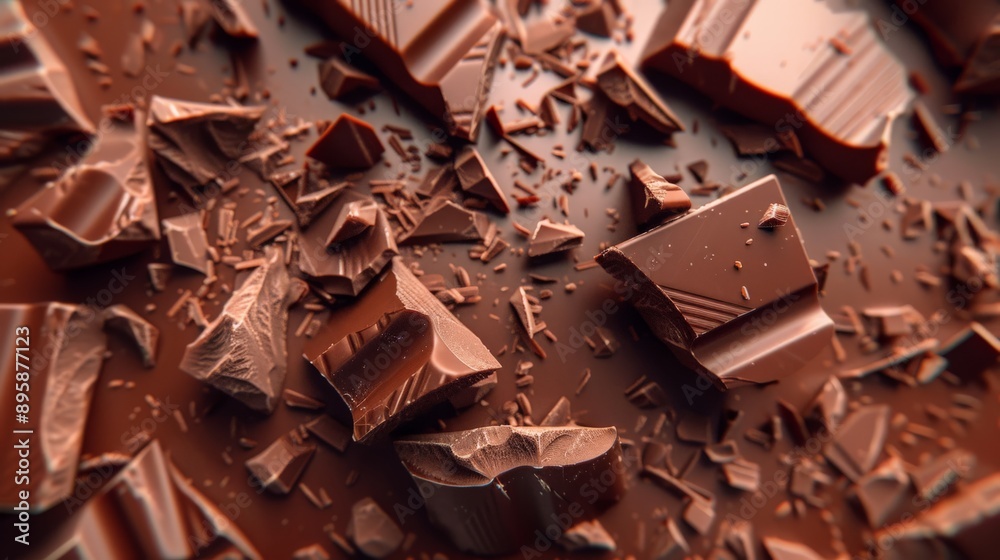 Poster aerial view of scattered dark chocolate pieces on a smooth surface. great for food textures and swee