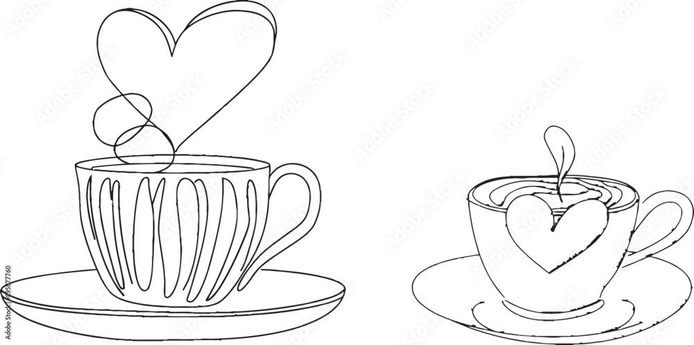 Canvas Prints Intuitive drawing of coffee cup. Top view showing heart-shaped latte art and coffee beans on the saucer.