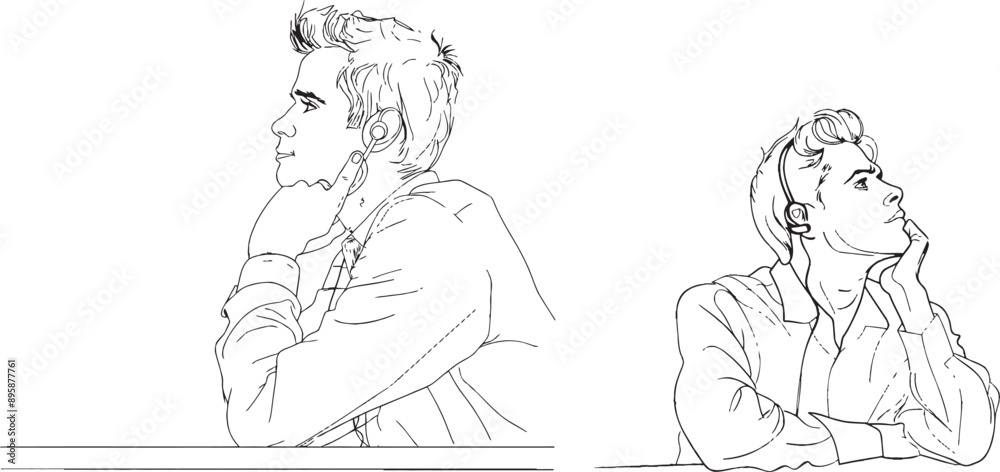 Poster the continuous line art illustrates a thinking man. it is a modern illustration of a businessman who