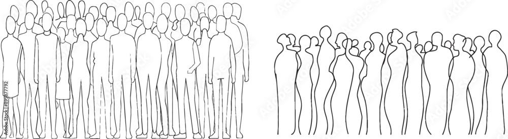 Poster Continually drawn a line from left to right through a queue of business people. Idea for a web page, banner, presentation, or social media. Group of people waiting in line, migration modern