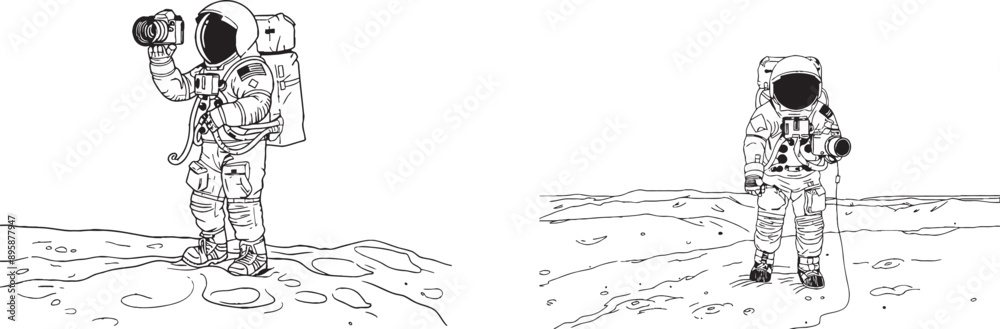 Poster Drawing of astronaut taking photos on the moon's surface with a DSLR camera. Leisure time concept illustration design on one continuous line.