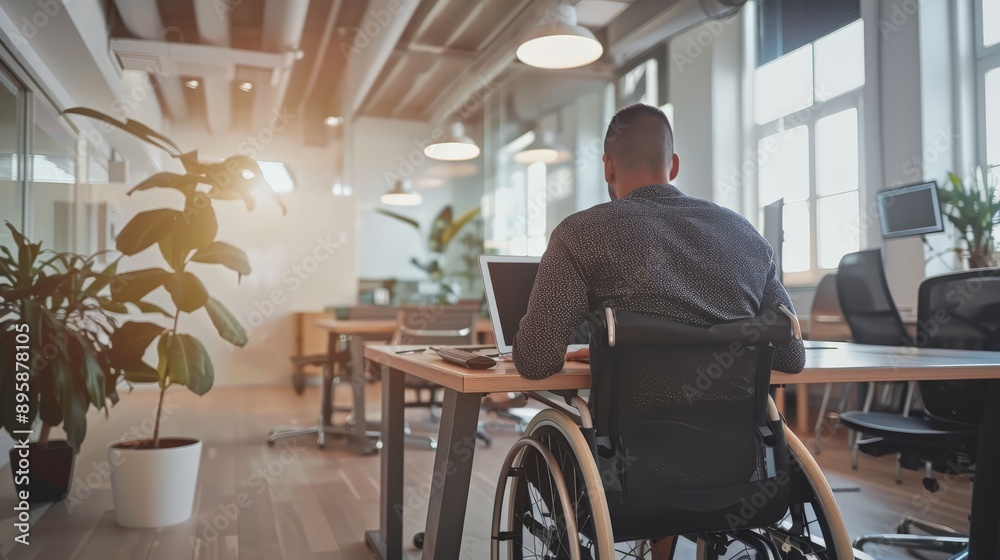 Poster person in a wheelchair working at a desk in a modern office with plants. focus on accessibility and 