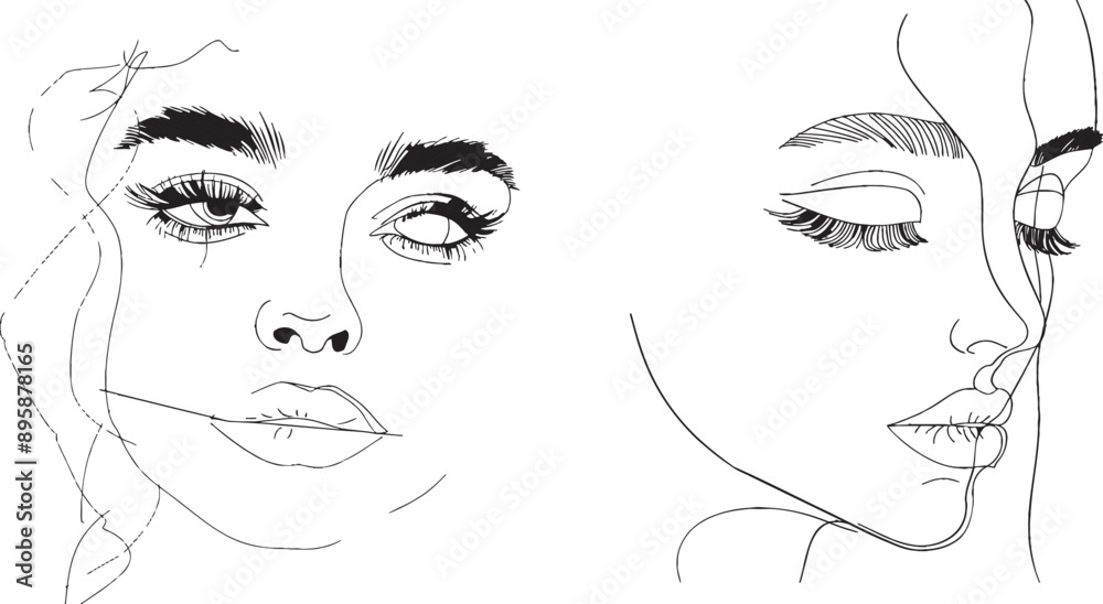 Poster flowered bouquet adorns the face of a woman in one line drawing. art with continuous lines.