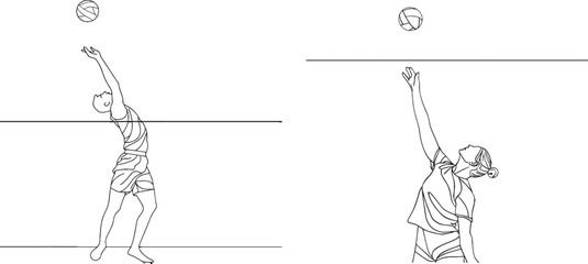 Women volleyball players jump to throw the ball continuously in one line