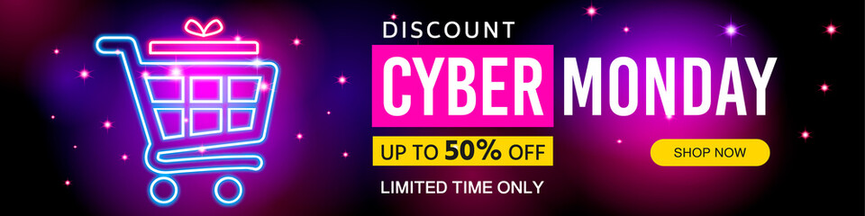 Cyber ​​Monday sale discount banner. Modern glowing background with realistic 3D megaphone icon. Final sale with up to 50% off. Modern design. Banner, poster vector illustration. Banner template