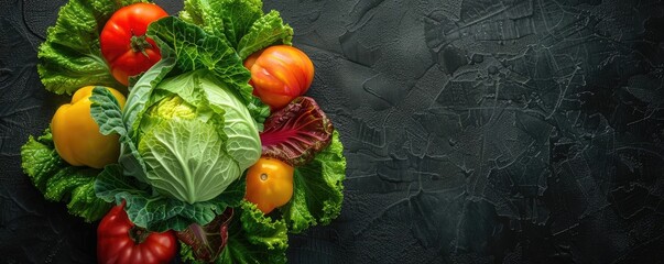 Top view of fresh vibrant vegetables including cabbage, lettuce, and tomatoes on a dark textured background.