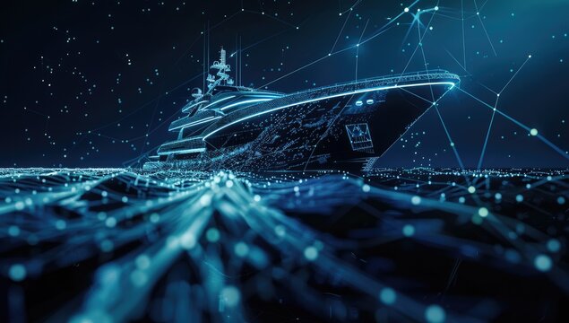 Ship. Abstract vector luxury ruise liner ship on dark blue night sky background with dots, stars