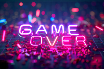 Modern colorful glitched effect neon Game Over title inscription text gaming design screen background.