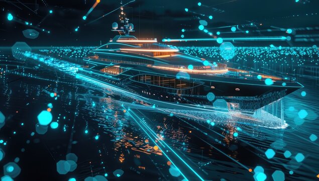 Ship. Abstract vector luxury ruise liner ship on dark blue night sky background with dots, stars