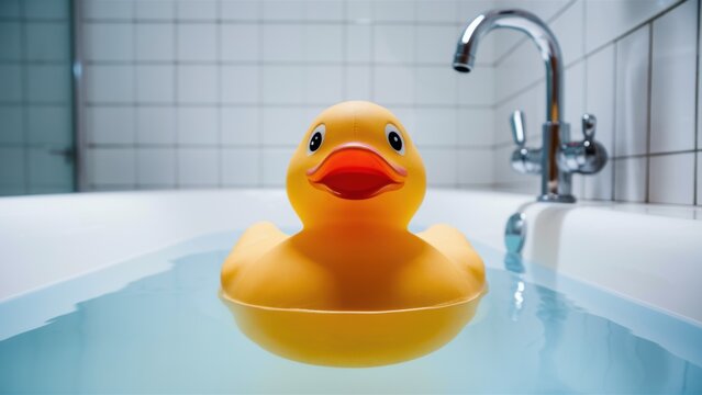A rubber duck floating in a bathtub with water and tiled walls, AI