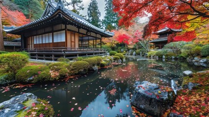 Obraz premium Serene Japanese Garden in Autumn Splendor background