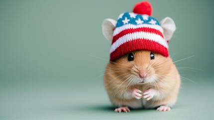 Obraz premium A cute hamster wearing a colorful patriotic hat, showcasing its adorable features against a soft green background.