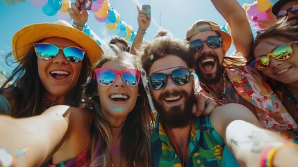 A group of friends taking a selfie at a summer music festival