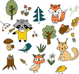Woodland animals and nature doodle set