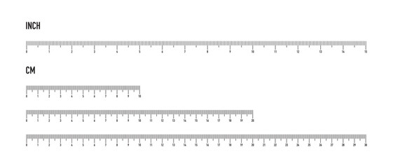 A set of scales in centimeters and inches, 10, 20, 30 cm. and a 15-inch scale. Markings for the ruler.