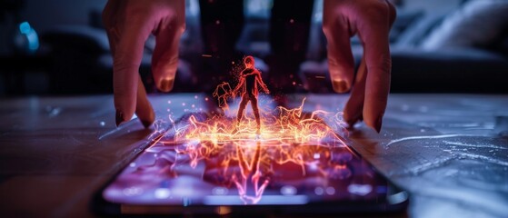 Hands Interacting with Holographic Figure Emanating from Smartphone Screen Highlighting Augmented Reality and Advanced Technology Innovations