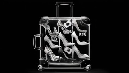 A suitcase with a variety of high heels inside it, AI