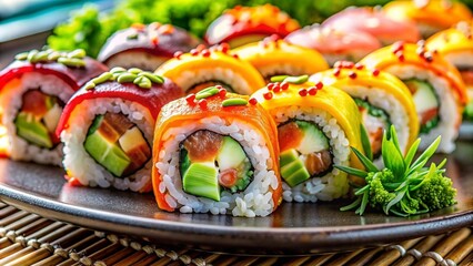 Rolls on a beautiful tray, colorful image of table setting, plate, food decoration, food advertisement, beautiful design. High quality image	