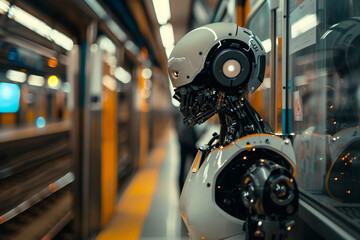 Fototapeta premium Generative AI creative picture Robot cyborg in activities of daily life routine living together with people