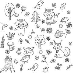 Black and white doodle forest set of animals and nature