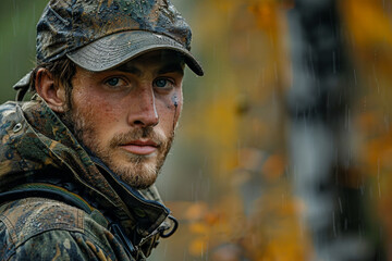 Obraz premium Hunter male female shooting from rifle gun in woods safari hunting season, Generative AI