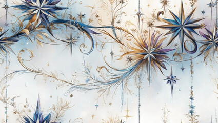 Seamless Golden And Blue Star Shaped Ornaments Pattern