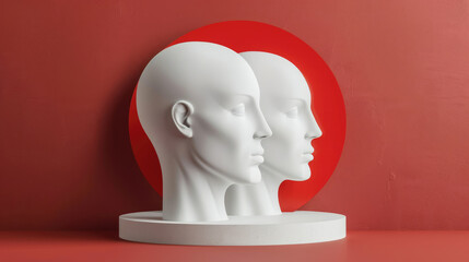 In front of a red circle background, there are two minimalist mannequin heads