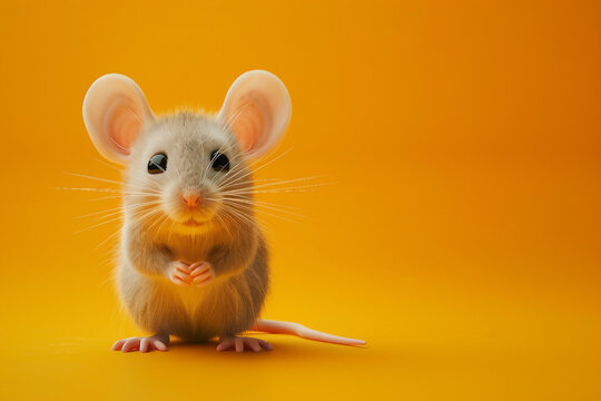 A cartoon illustration of a funny cute mouse character on yellow color background generative ai