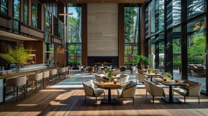 Naklejka premium Modern Restaurant Interior with Floor-to-Ceiling Windows