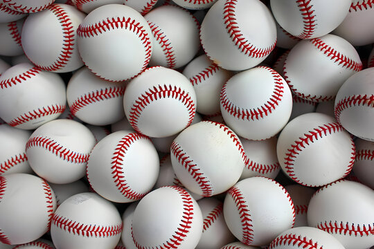 A pile of white baseballs with red stitching, perfect for sports enthusiasts, baseball games, or athletic-themed designs and projects.