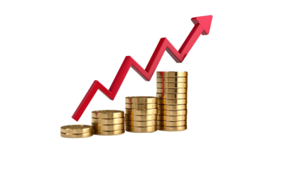 Gold Coin Stack with Upward Red Arrows – Investment Growth & Stock Market Rise Illustration