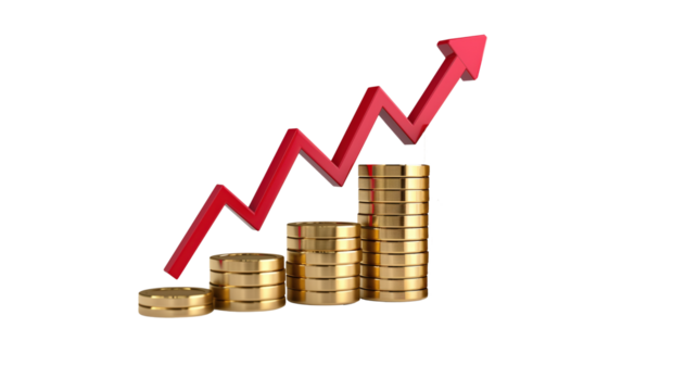 Gold Coin Stack with Upward Red Arrows – Investment Growth & Stock Market Rise Illustration