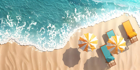 Aerial view of a serene beach with turquoise water, umbrellas, and lounge chairs, capturing the essence of a perfect summer day.