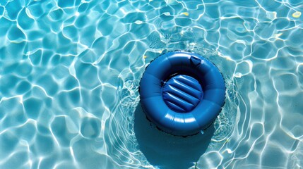 Top view of a blue air mattress floating in a clear blue swimming pool, casting a shadow on the pool floor, representing a relaxing summer vacation