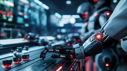 Obraz premium Robots Working on Assembly Line in High-Tech Factory 