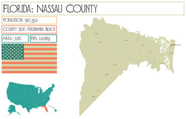 Fototapeta premium Large and detailed map of Nassau County in Florida USA.