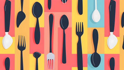 Colorful flat lay of various black and white cutlery including spoons, forks, and knives on a vibrant background.