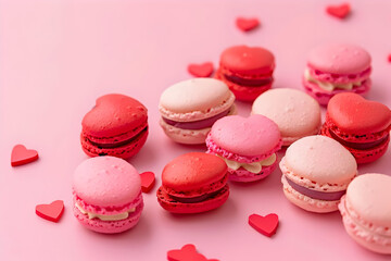 Fototapeta premium Colorful heart-shaped macarons on pink background with small red hearts. Perfect for Valentine's Day and sweet romantic treats.