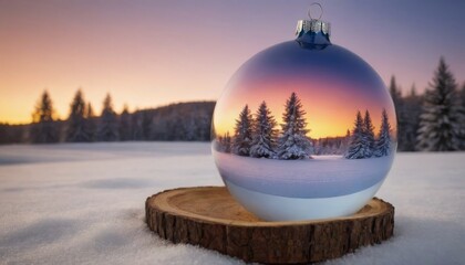 Christmas Ornament Reflecting Winter Sunset: Snowy Landscape and Festive Decoration
