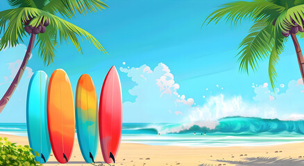 Colorful surfboards on a sandy beach with palm trees and waves under a clear blue sky. Ideal tropical vacation destination.